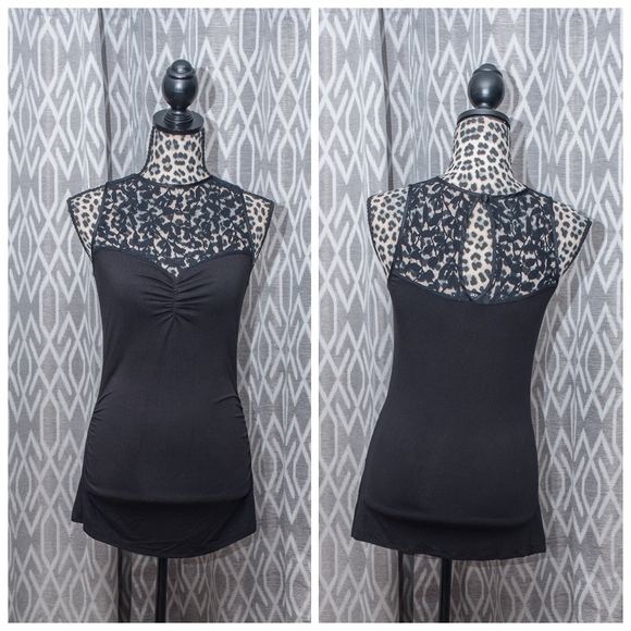 Arden B Tops - Arden B Top Sleeveless Black w/ Lace Illusion High Neck Keyhole & Button Size: S